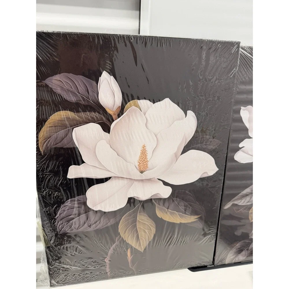 3 Piece Magnolia Floral Canvas Wall Art Set White Flowers Black Background 12x16